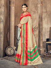 Beige Cotton Silk Woven Saree